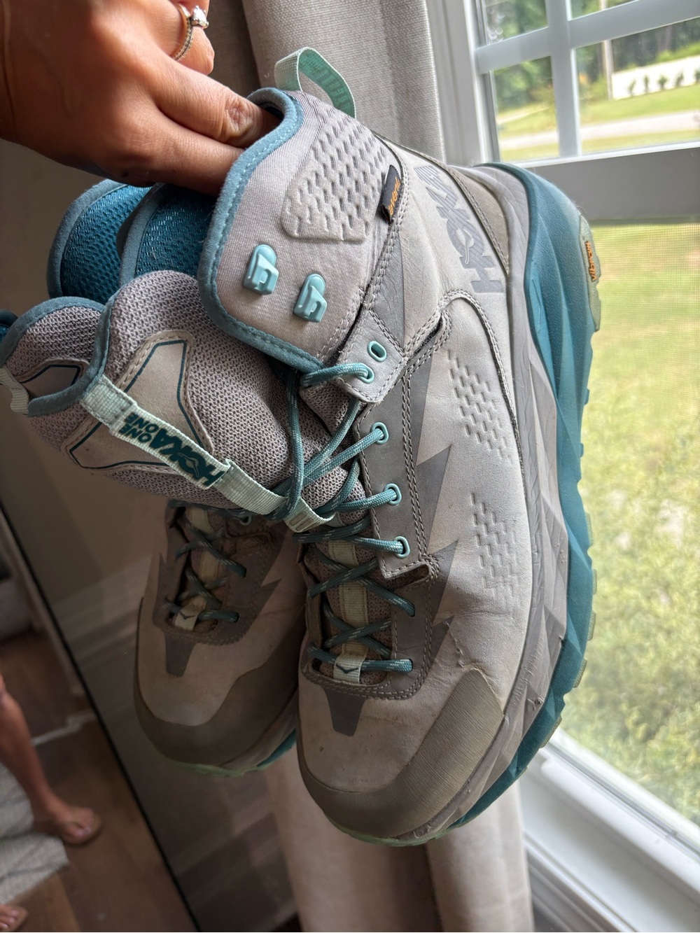 Hoka Women's Lace-Up Hiking Boots in Light Gray and Teal - Picture 2 of 9